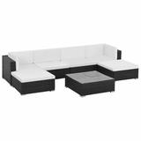 Dcenta 7 Piece Patio Conversation Set Cushioned 2 Corner 2 Centre Sofas with Coffee Table and 2 Ottoman Black Poly Rattan Sectional Furniture Set for Garden Backyard Balcony