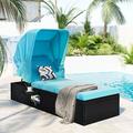 FreshTop 76.8 Long Reclining Single Chaise Lounge with Cushions Canopy and Cup Table Black Wicker+Blue Cushion