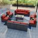 Kullavik 13 Pieces Outdoor Patio Furniture Set with Fire Pit Table Outdoor PE Rattan Wicker sectional Sofa Set Patio Conversation Set with Coffee Table Red