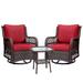 Zstar 3 Pieces Patio Furniture Set Patio Bistro Set Wicker Rattan Swivel Rocking Chairs Glass Top Side Table Red