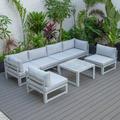 LeisureMod Chelsea 7-Piece Outdoor Patio Conversation Set in Weathered Grey Aluminum with Coffee Table & Cushions In Light Grey