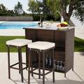 Outdoor Bar Furniture 3 Piece Patio Bar Set Brown Rattan Bar with Storage 2 Beige Stool Cushions