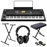 Korg EK-50 61-Key Arranger Entertainer Keyboard (Black) Starter Bundle with Bench Stand and H&A Studio Headphones