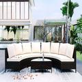 5-Piece Outdoor Rattan Sofa Set Wicker Patio Sectional Sofa W/ Soft Cushions & Tea Table 8-Seat Half Moon Patio Furniture Set All-Weather Outdoor Conversation Set for Garden Backyard Pool T473