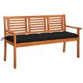 Dcenta 3-Seater Garden Bench with Black Cushion Eucalyptus Wood Porch Chair Wooden Outdoor Bench for Patio Backyard Balcony Park Lawn Furniture 59.1in x 23.6in x 35in (W x D x H)