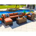 Tuscany 7-Piece Outdoor Patio Furniture Sectional Sofa Set with Four Modular Sectional Pieces Armchair Ottoman and Coffee Table (Half-Round Brown Wicker Sunbrella Canvas Tuscan)