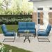 SUNCROWN 4-Piece Outdoor Patio Furniture Set Wrought Iron Conversation Sets Peacock Blue