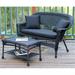 Black Wicker Patio Love Seat and Coffee Table Set with Black Cushion