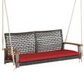 Costway 2-Person Patio Rattan Hanging Swing Chair Porch Loveseat Cushioned Red
