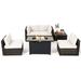 Patiojoy 6 Pieces Outdoor PE Rattan Wicker Sectional Sofa with 42 60 000 BTU Gas Fire Pit Table Patio Conversation Set with Tempered Glass Coffee Table Off White