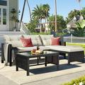 3 PCS Patio Sectional Sofa Conversation Set All Weather Rattan Patio Furniture Set Brown Outdoor Chaise Lounge Set with Cushion and Table Deck Backyard Porch Furniture