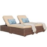 JOIVI 2 Pieces Outdoor Chaise Lounge Chair Patio Reclining Sun Lounger Brown Wicker Rattan Adjustable Lounge Chair Steel Frame with Removable Beige Cushions for Poolside Deck and Backyard