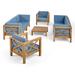 GDF Studio Keith Outdoor Acacia Wood 8 Seater Sofa and Club Chair Chat Set with Cushions Teak and Blue