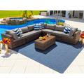 Sorrento 8-Piece Resin Wicker Outdoor Patio Furniture Sectional Sofa Set in Brown w/ Seven Sectional Seats and Coffee Table (Flat-Weave Brown Wicker Sunbrella Canvas Taupe)