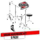 Griffin Drum Hardware Pack 6 Piece Complete Set Kit with Snare Stand Hi-Hat Stand Cymbal Boom Stand Throne Stool & Single Kick Drum Pedal - Portable & Perfect for Gigs