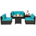 Patiojoy 6 PCS Patio Wicker Furniture Set With 30 Gas Fire Pit Table 50 000 BTU Turquoise Cushions