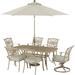 Hanover Traditions 7-Piece Outdoor Patio Dining Set 6 Cushioned Stationary Chairs 38 x72 Cast Aluminum Table Umbrella and Umbrella Base Rust-Resistant All-Weather - TRADDNSD7PCSW2-BE-SU