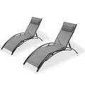 Set of 2 Folding Patio Chaise Lounge Chair for Outside Aluminum Adjustable Outdoor Pool Recliner Chair Black Frame (Grey)
