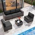 Kullavik Patio Furniture Set Sofa 6-Piece Wicker Sectional Sofa Set Outdoor Furniture Rattan Patio Conversation Set with Thickened Cushions and Glass Coffee Table Black