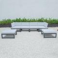 LeisureMod Chelsea 6-Piece Patio Conversation Set Outdoor Sectional Sofa Set Black Aluminum With Ottomans & Cushions in Light Gray