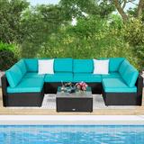 Kinbor 7Pcs Outdoor Patio Furniture Set Rattan Wicker Sofa Set with Cushions and Coffee Table Black & Turquoise