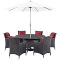 Modern Contemporary Urban Design Outdoor Patio Balcony Eight PCS Dining Chairs and Table Set Red Rattan