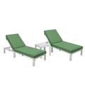 LeisureMod Chelsea Modern Weathered Grey Aluminum Outdoor Chaise Lounge Chair Set of 2 With Side Table & Green Cushions