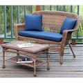 Jeco Wicker Patio Love Seat and Coffee Table Set with Blue Cushion-Finish:Honey