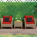 Patiojoy 3 Piece Outdoor Rattan Sofa Set Wicker Conversation Furniture Set with Red Cushions