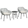 Outsunny 3 Piece Patio Set Outdoor Bistro Furniture PE Rattan Wicker Table and Chairs Cushioned Hand Woven Modern Look with Tempered Glass for Garden Porch Pool Backyard Cream White