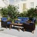 4 Piece Patio Furniture Set All Weather Outdoor Sectional Sofa Manual Wood & Wicker Frame Patio Conversation Set with Coffee Table & Blue Cushions