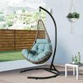 Ulax Furniture Indoor/Outdoor Wicker Hanging Basket Swing Chair Hammock Moon Chair with Stand(Blue)