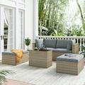 Outdoor Patio Furniture Set 5 Pieces Patio Rattan Wicker Furniture Conversation Set with Ottoman and Coffee Table Garden Terrace Deck Sectional Sofa Set with Cushion Gray