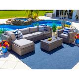 Sorrento 7-Piece Resin Wicker Outdoor Patio Furniture Sectional Sofa Set in Gray w/ Four Sectional Pieces Ottoman Armchair and Coffee Table (Flat-Weave Gray Wicker Polyester Light Gray)