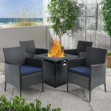 MF Studio 5 PCS Outdoor Patio Furniture Set with 28-inch 50 000 BTU Fire Pit Table Patio Conversation Set with Navy Blue Cushions
