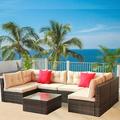 Clearance! Patio Outdoor Furniture Sets 7 Pieces All-Weather Rattan Sectional Sofa with Tea Table and Cushions PE Rattan Wicker Sofa Couch Conversation Set for Garden Backyard Poolside B4287