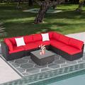 Kinbor 7pcs Outdoor Patio Furniture Sectional Pe Rattan Wicker Rattan Sofa Set with Red Cushions