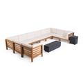 GDF Studio Krystin Outdoor U-Shaped Sectional Sofa Set with Fire Pit Brown