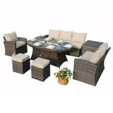 Abrihome 7-Piece Patio Gray Conversational Sofa Set with Oval Firepit Dining Table and 2 Ottomans