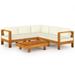 Dcenta 6 Piece Patio Lounge Set with Cream White Cushions 4 Middle Sofas Corner Sofa and Coffee Table Conversation Set Acacia Wood Outdoor Sectional Set for Garden Balcony Yard Lawn Deck