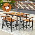 Costway 7PCS Patio Rattan Bar Set Acacia Wood Frame Stools Table Umbrella Hole