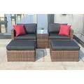 UBesGoo 5 Pieces Outdoor Patio Garden Brown Wicker Sectional Conversation Sofa Set with Black Cushions and Red Pillows