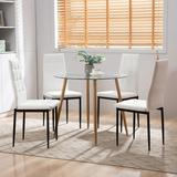 Surmoby Round Glass Dining Table Set for 4 - 5 Piece Kitchen Table Set with Faux Leather Full Back Dinner Chairs Ideal for Dining Room or Dinette(Round Wood Color Table+ 4 White Chairs)