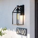 Vaxcel Napier 6.25-in Black and Wood Outdoor Farmhouse Wall Lantern Dusk to Dawn Photocell 1-Light Wall Lamp Sconce Clear Seeded Glass
