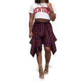 Sunisery Women s Irregular Hem Plaid Skirt High Waisted Elastic A Line Mini Skater Tennis Skirt with Belt Streetwear