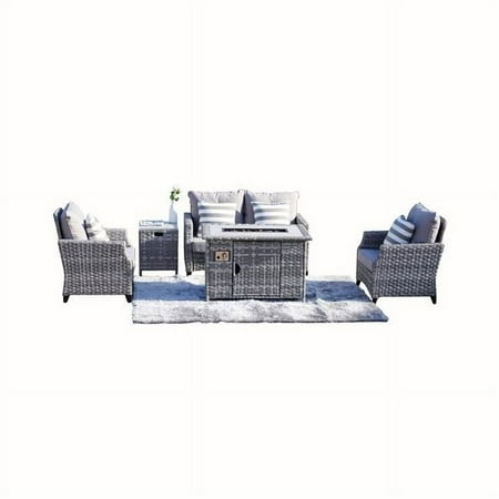 Direct Wicker PAF-1802-Grey Direct Wicker Upgraded 5-Piece Outdoor PE Rattan Patio Sofa Set with Gas Fire Pit Table Burner System and Cushions