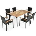 Patiojoy 7 PCS Patio Rattan Dining Furniture Set Armrest Chairs Wooden Table