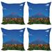 Mountain Throw Pillow Cushion Case Pack of 4 Midsummer Blue Skies in a Highland Flowers Field Early Summer Outdoor Touristic Modern Accent Double-Sided Print 4 Sizes Multicolor by Ambesonne