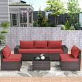 Kullavik 6 Pieces Outdoor Patio Furniture Set with Coffee Table and Seat Cushion PE Wicker Rattan Sectional Sofa Patio Conversation Set Red