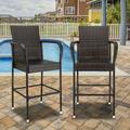 Cfowner Set of 2 Wicker Bar Stools Indoor Outdoor Bar Height Chairs w/ Footrests Armrests for Backyard Patio Pool Garden Deck